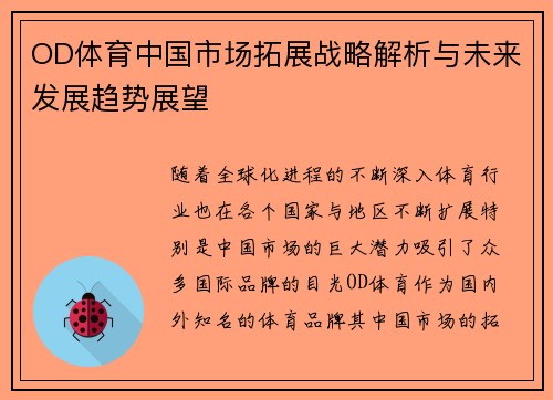 OD体育中国市场拓展战略解析与未来发展趋势展望